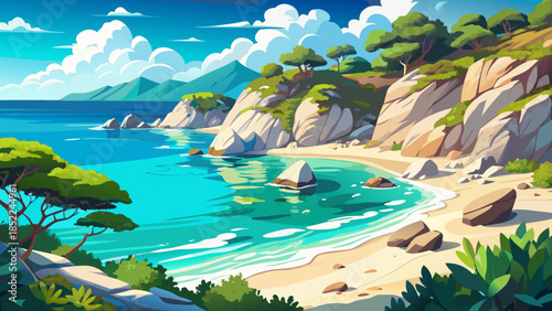 Very beautiful secluded beach cove in Sardinia with crystal clear turquoise water, white sand, and rugged rocks, creating a pristine Mediterranean paradise under bright summer light.