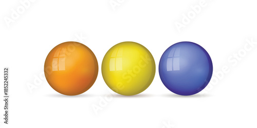 Set with glass colorful balls. Glossy realistic ball, 3D abstract vector illustration highlighted on a white background. Big metal bubble with shadow.