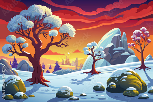 Strong oak trees coated with snow dominate a rural winter countryside cartoon, emphasizing resilience, texture, and the timeless character of deciduous trees in cold climates