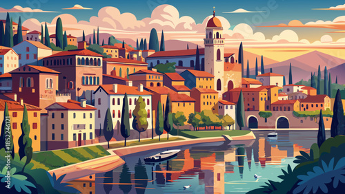 Very beautiful view of Verona’s historic riverfront with colorful buildings lining the water, soft reflections, and elegant architecture capturing the romantic charm of northern Italy.