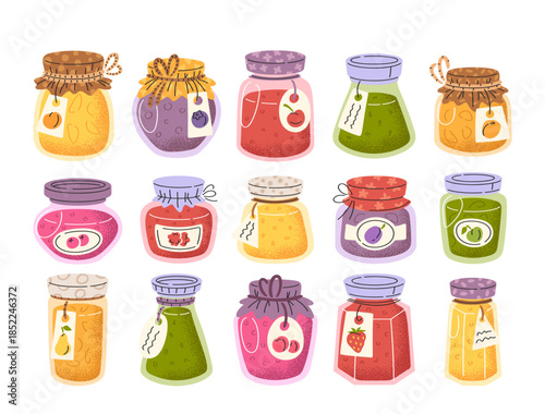 Sweet jam dessert jars and homemade treats glass bottles in colorful assortment isolated set
