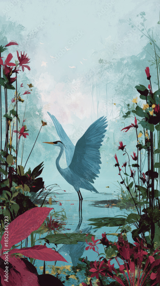 Obraz premium Elegant Blue Heron Illustration Standing in Serene Tropical Lagoon with Lush Pink Floral Plants and Misty Jungle Background for Nature Art Conservation Posters and Zen Interior Decoration Wall Prints
