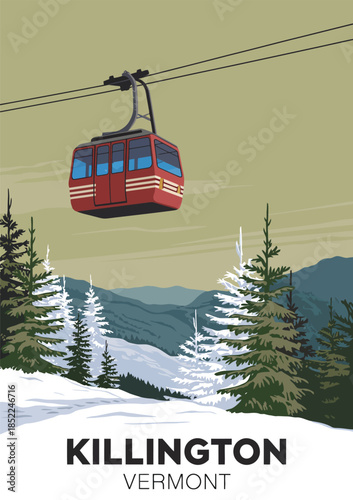 Vintage poster style illustration of a vibrant red ski gondola ascending a snowy mountain slope amidst evergreen trees