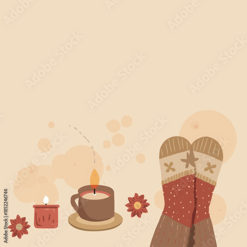 Cozy autumn evening with warm socks and steaming cup of coffee