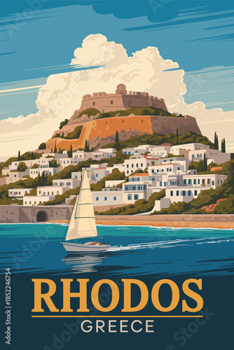 Rhodes, Greece A Picturesque Mediterranean Coastal Town with a Historic Fortress