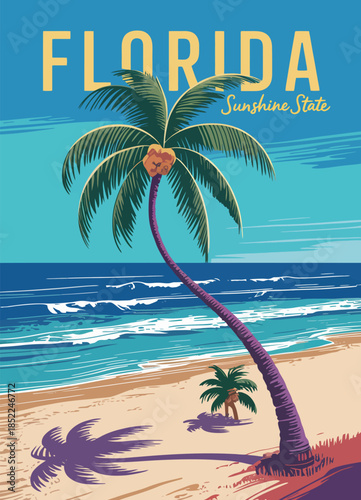 Vibrant Vintage Florida Beach Scene with Swaying Palm Tree and Ocean Waves Illustration