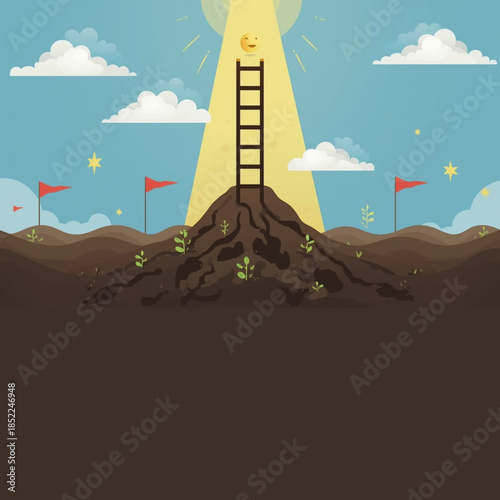 Smiling face climbs to success on a ladder with flags and sunny sky