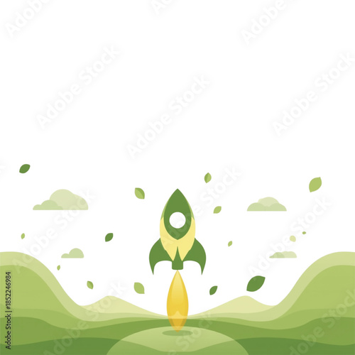 Green rocket launching into eco friendly sustainable future