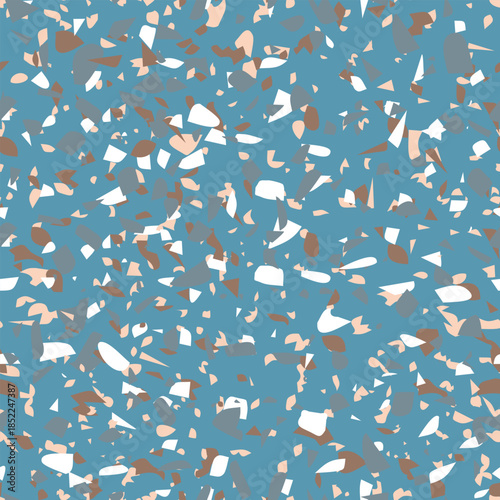Geometric terrazzo seamless pattern. Abstract colourful modern background. Stone fashion design for web and print. Venetian tile, flooring home decor. Chaotic pastel texture.