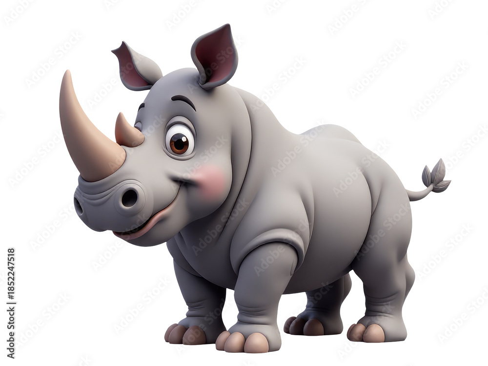 Fototapeta premium A colorful cartoon rhino standing in front of a plain white background, suitable for children's media and educational purposes