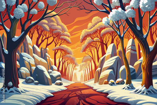 Snow-covered maple trees line a quiet forest path cartoon, forming a balanced winter scene with arching branches, layered depth, and natural seasonal harmony