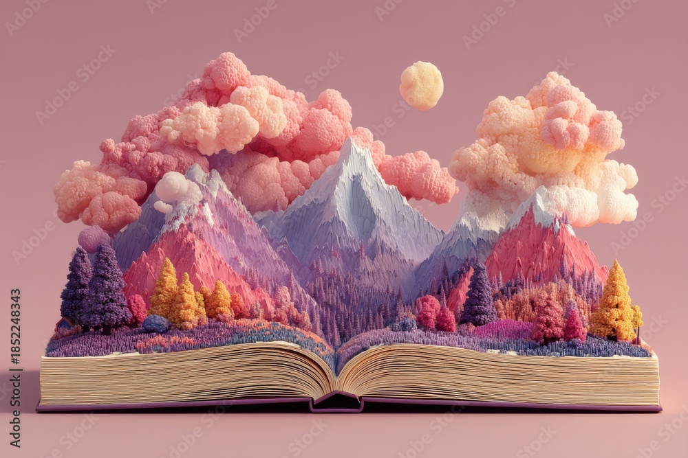 Obraz premium Open book reveals a surreal, colorful mountain world of imagination and whimsy in a dreamlike landscape.