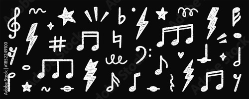 Crayon musical notes doodle set. Punk rock chalk pencil elements in sketch style. Grunge texture. Hand drawn vector illustration isolated on black background.