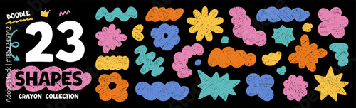 Crayon blob shapes doodle set. Abstract cloud forms and organic groovy figures in sketch style, grunge chalk texture. Hand drawn vector illustration isolated on black background