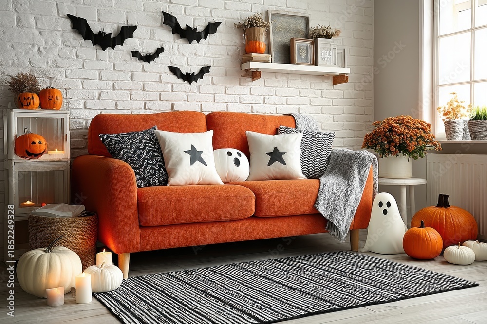 Obraz premium Cozy orange sofa in Halloween decor with pumpkins, ghosts, and bats in a chic living room
