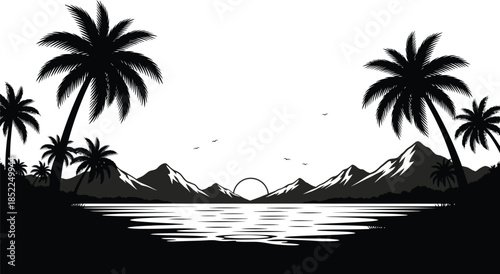 Tropical palm trees and mountains at sunset a scenic silhouette on transparent background