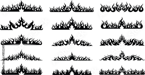 Collection of diverse flame designs ideal for graphic projects on transparent background silhouette