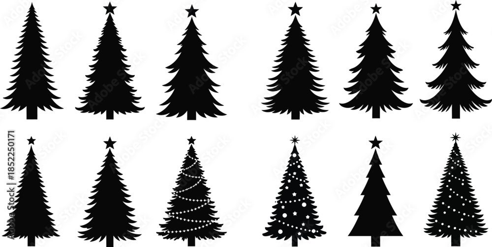 Obraz premium Collection of black christmas trees in various shapes on transparent background silhouette