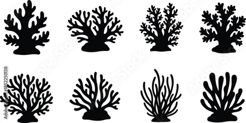 Collection of black coral reef silhouettes on transparent background