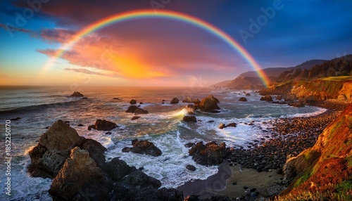 Rainbow Sunset At A Rocky Seashore Northern California Coast