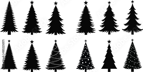 Collection of black christmas trees in various shapes on transparent background silhouette