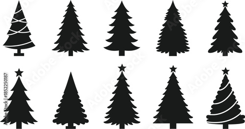 Collection of black christmas trees and stars on transparent background silhouette