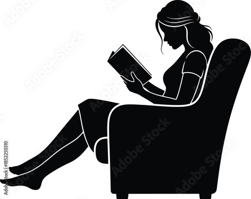Woman reading a book in armchair elegant black silhouette on transparent background