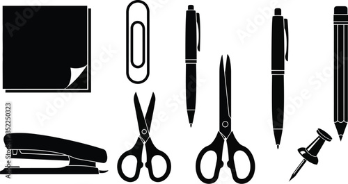 Black office supplies collection including notebook pen and scissors silhouette on transparent background