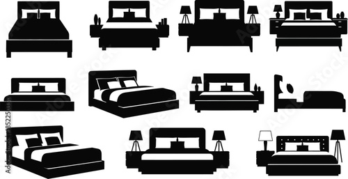 Black furniture set icons including beds and sofas on transparent background silhouette