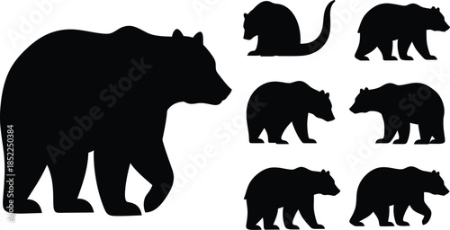 Black bear silhouettes in various poses on transparent background