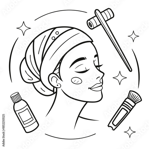  Woman Facial Spa Vector - Skincare Treatment Line Art - Relaxation Selfcare Drawing