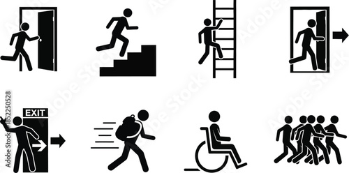 Emergency exit signs depicting people escaping climbing and assisting on transparent background silhouette