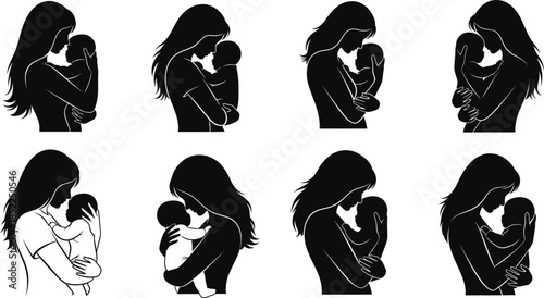 Mother and baby silhouettes in various poses on transparent background