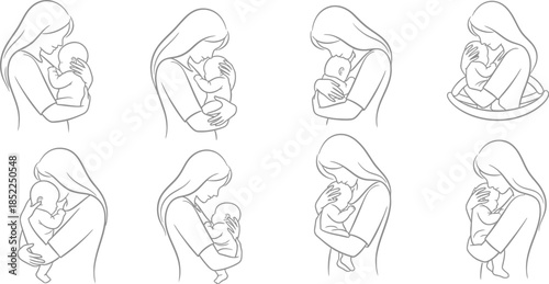 Mother and baby sketches in various poses on transparent background silhouette