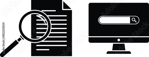 Document review and search illustration magnifying glass computer and data analysis silhouette on transparent background