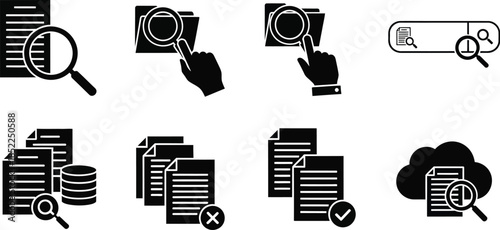 Black search and document icons set data analysis and cloud storage silhouette on transparent background