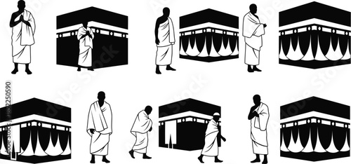 Mecca pilgrimage scenes with the kaaba and people black and white silhouette on transparent background