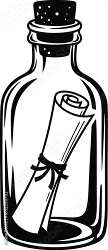 Message in a bottle with scroll elegant design on transparent background silhouette