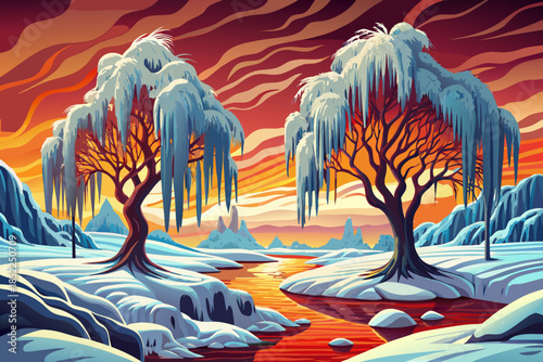 Snow draped willow trees lean beside a frozen stream, creating flowing shapes and gentle movement within a peaceful winter waterside landscape