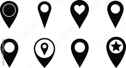 Black map pin icons with different symbols on transparent background silhouette