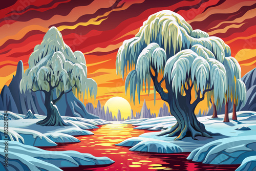 Snow draped willow trees lean beside a frozen stream, creating flowing shapes and gentle movement within a peaceful winter waterside landscape