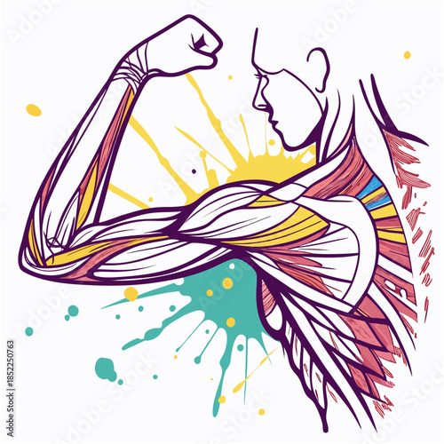 Muscle Anatomy Arm Vector - Flexing Bicep with Paint Splatter - Fitness Strength Art