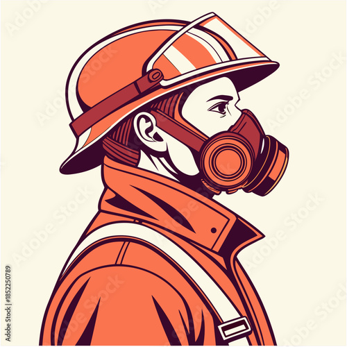  Stylized portrait of a determined firefighter in helmet and gas mask, side profile.