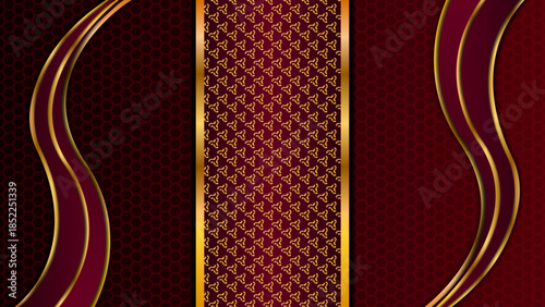 Seamless vintage red and gold background featuring a geometric vector pattern and golden ornaments with a textured retro style for a decorative art backdrop