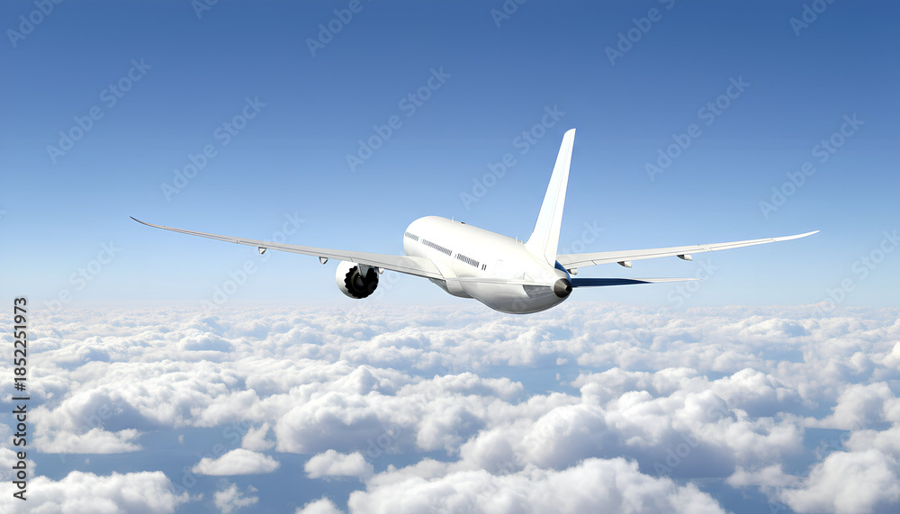Obraz premium White Airplane Boeing 787 Modern Passenger Jet Plane Flying Above White Clouds and Blue Sky Corner Rear Back View Angle