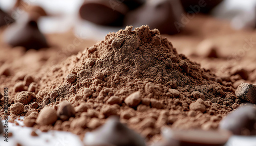 Cocoa and Chocolate Powder Macro Close-Up on White Surface