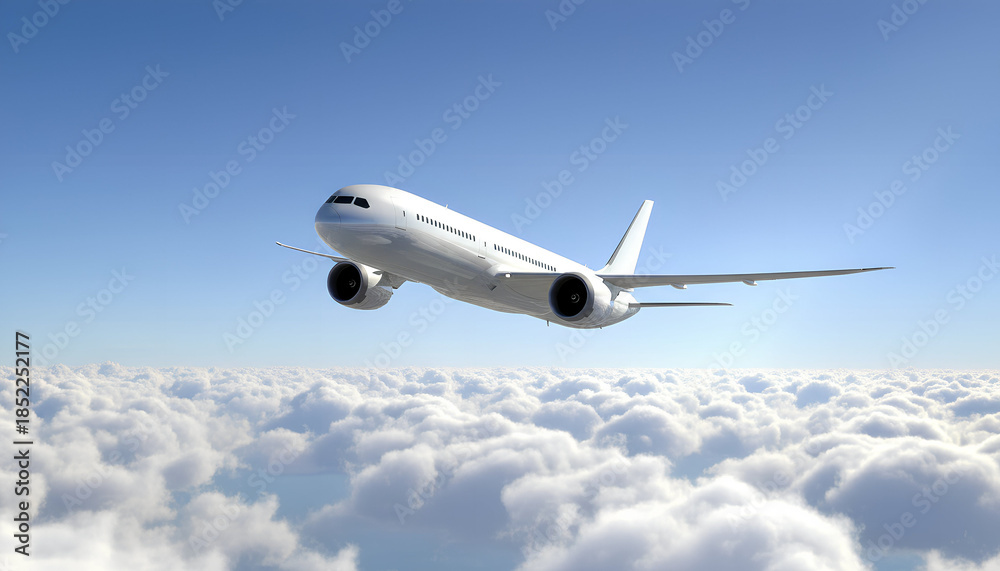 Obraz premium White Airplane Boeing 787 Modern Passenger Jet Plane Flying Above White Clouds and Blue Sky Corner Front View Low Angle