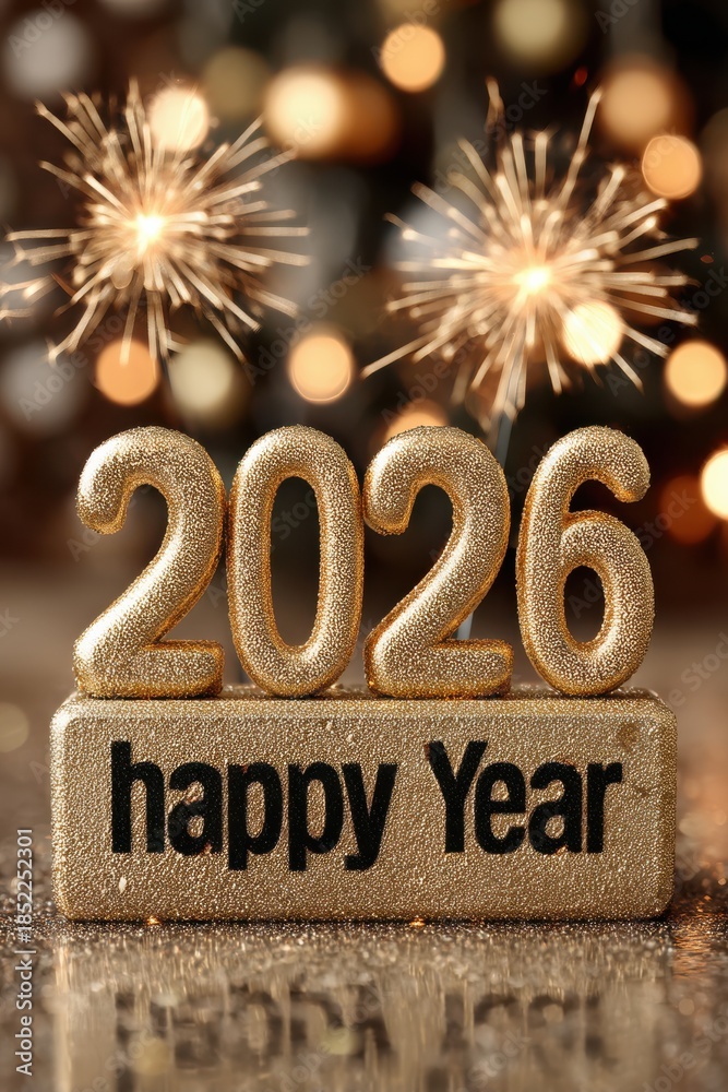 Fototapeta premium Golden 2026 celebration sign with fireworks in the background and sparkling, glittering year decor scene