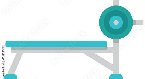 Flat weight bench with barbell rack and weight plate for strength training exercise isolated on transparent background