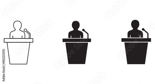 Three different styles of a speaker at a podium icon representing presentation, speech, or public address isolated on transparent background